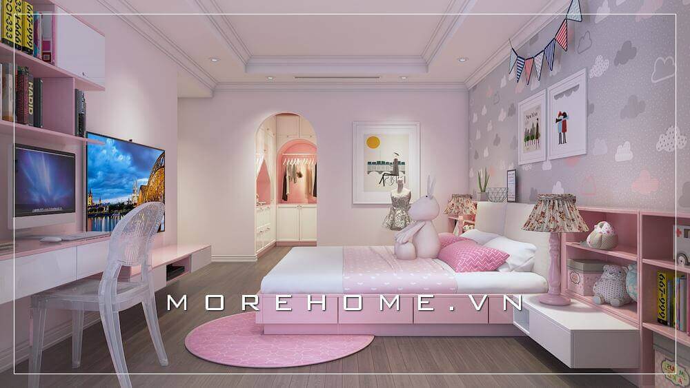 Gợi ý cho bé gái nhà bạn mẫu giường ngủ gỗ công nghiệp với gam màu hồng tinh tế và dễ thương